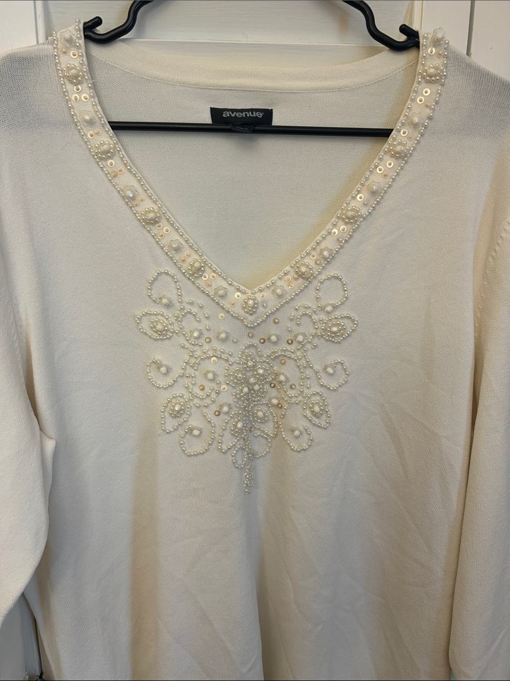 Avenue Cream V‑Neck Long Sleeve Top with Pearl & Sequin Embellishment